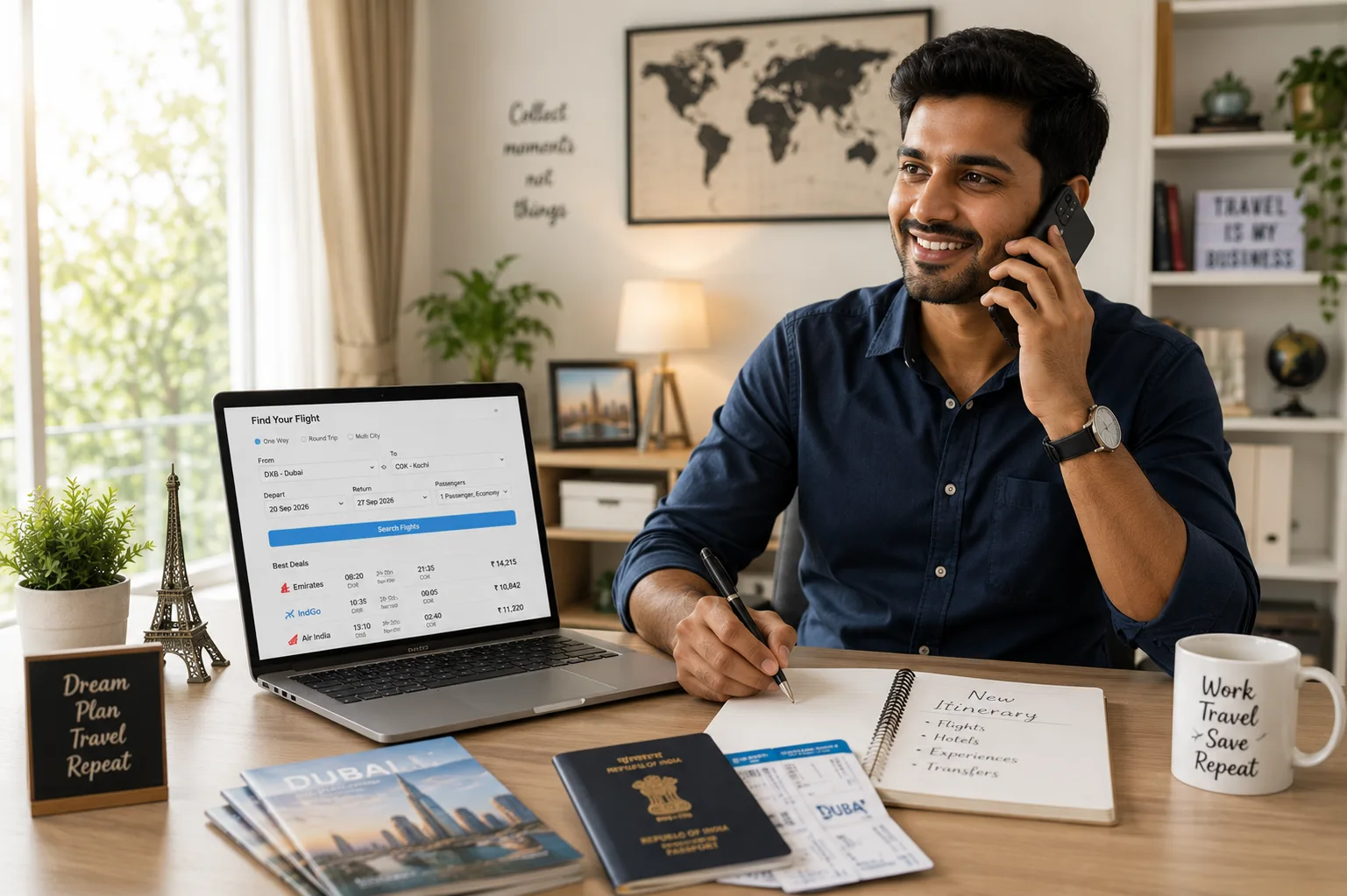 Freelance travel agent on a call at his home desk, booking a flight on his laptop