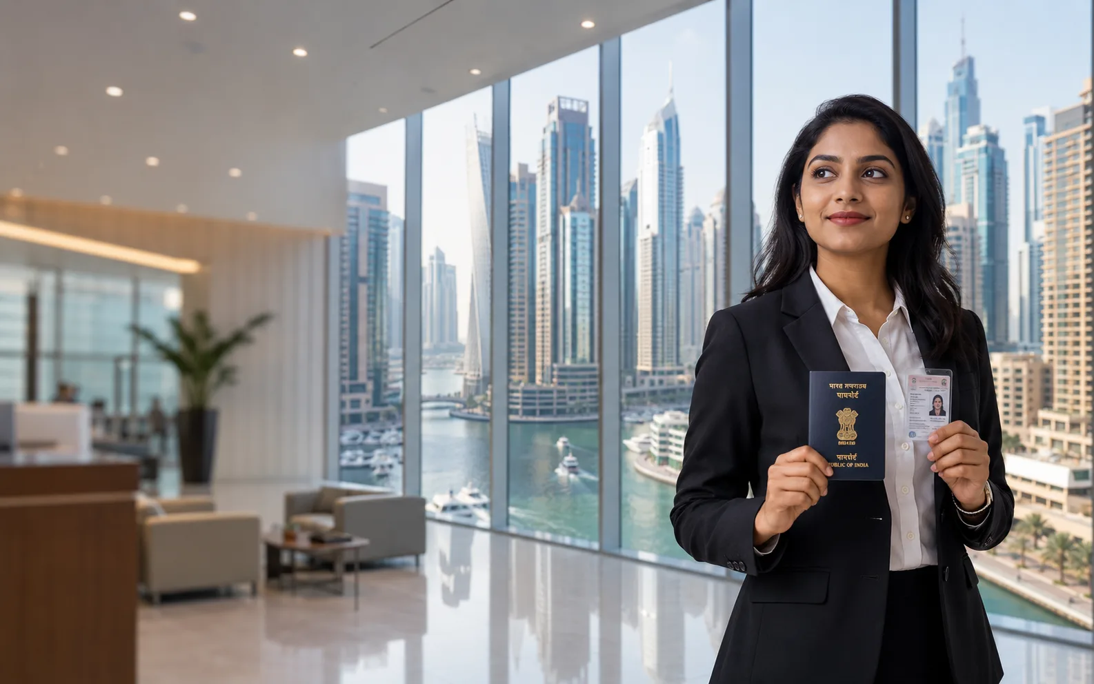 Businesswoman holding her passport and Emirates ID in an office lobby overlooking Dubai Marina