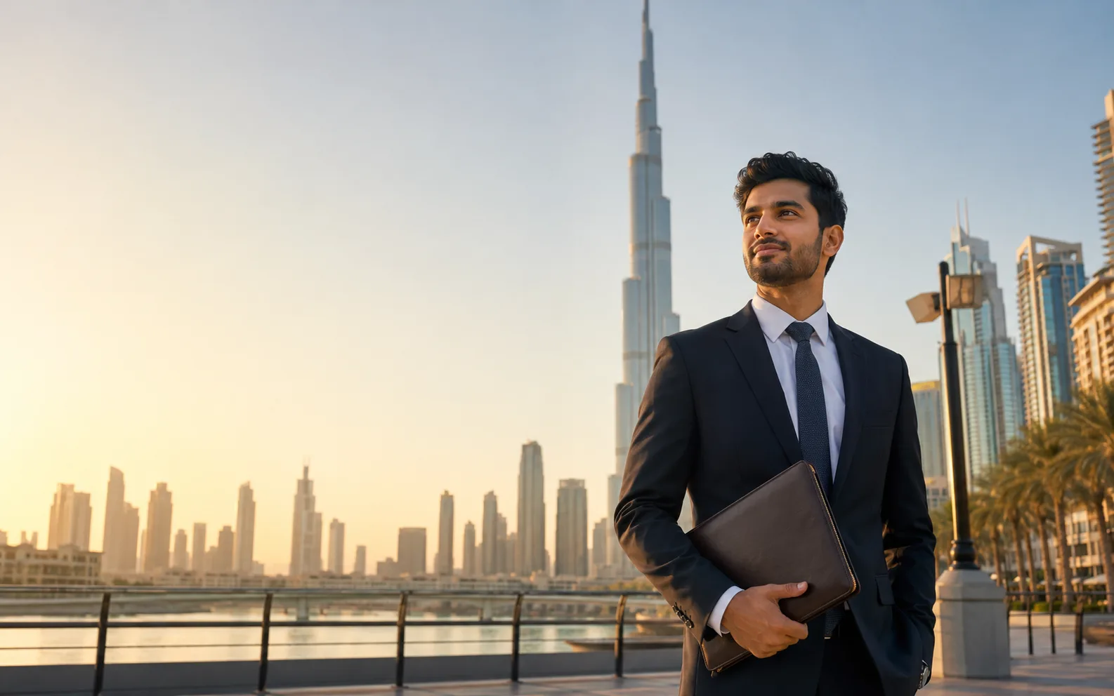 Confident job seeker in a business suit on a Dubai promenade with the Burj Khalifa skyline