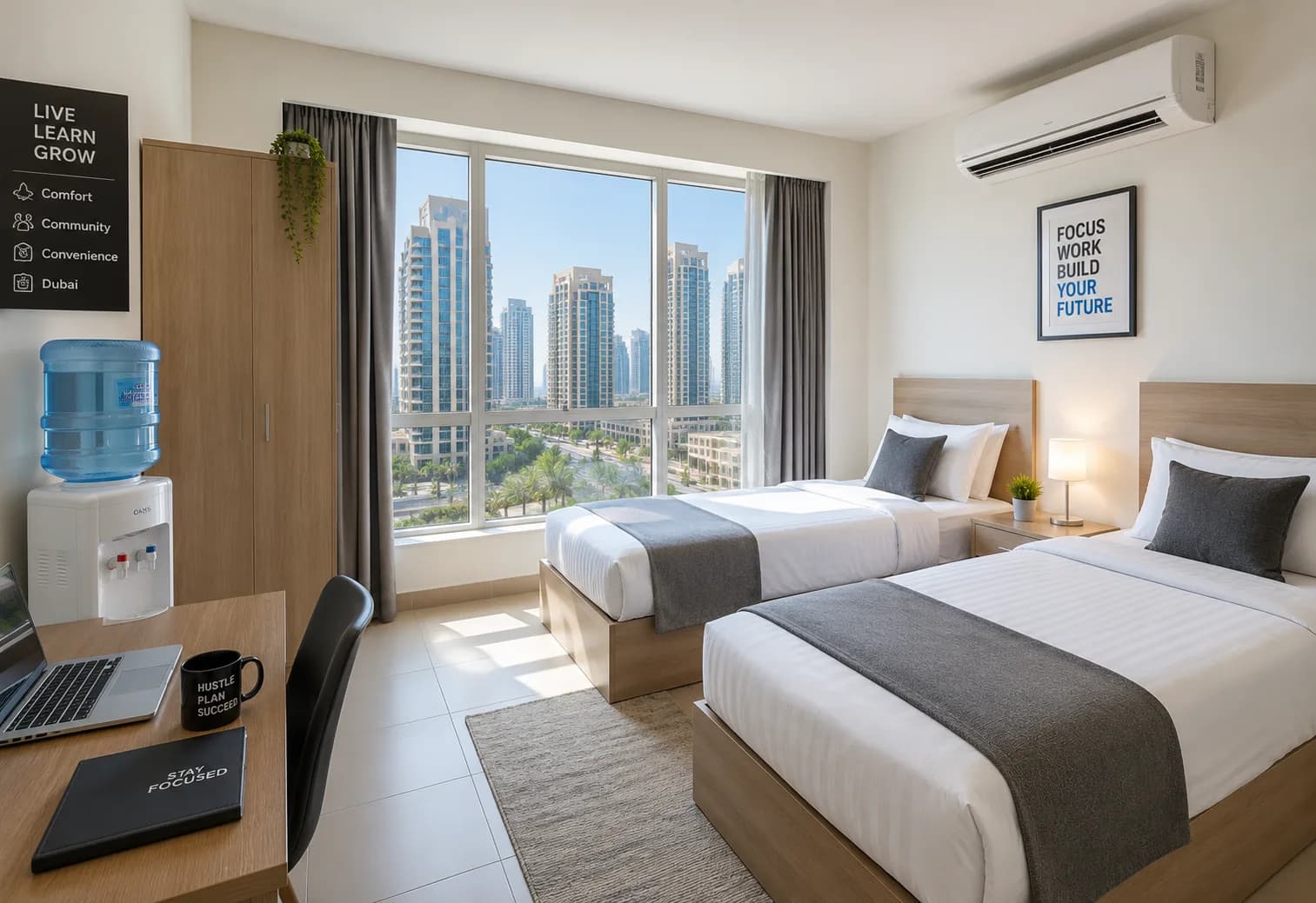 Bright twin-bed shared accommodation room with a Dubai city view